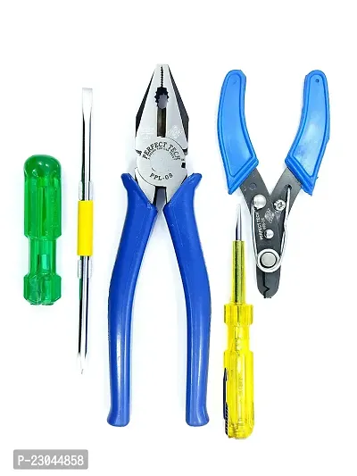 PERFECT TECH Lineman Tools Set 4 Pcs 2 in 1 | Combination Plier 8 Inch | Wire Stripper 5 inch | Tripper Line Tester | Screw Driver | Hand Tool Steel | Plier Tool Kit Set-thumb0