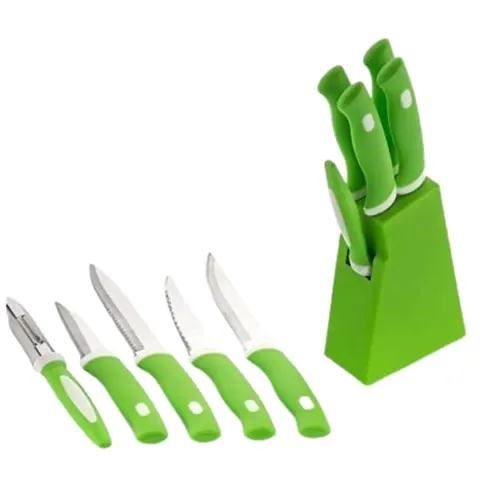 SR Knife Set with Plastic Block, Knife Set, Stainless Steel Knife Set, 5 Knife with Plastic Stand for Kitchen Set, Knife Holder for Kitchen - Random Color