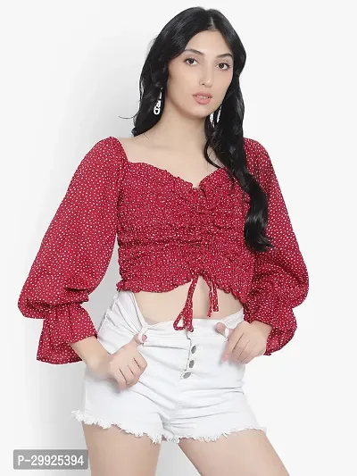 Elegant Red Crepe Polka Dot Print Top For Women-thumb3