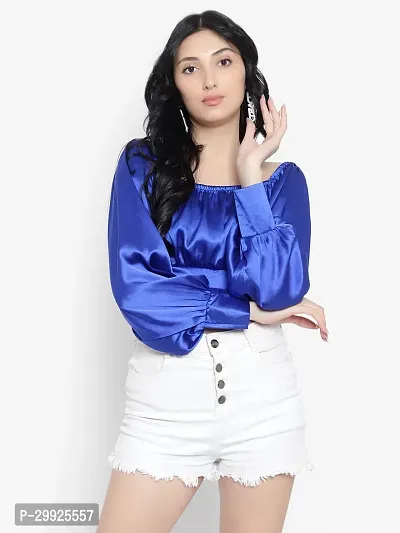 Elegant Blue Satin Solid Top For Women-thumb0