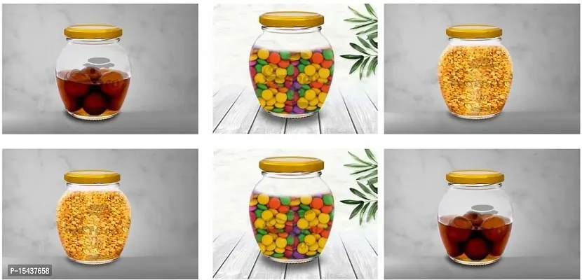 Glass Jar with Airtight Metal gold Lid, Cookie Jar,grocery container, cereal dispenser,Tea-Coffee  Sugar Glass Jar (pack of 6, 350ml) - 350 ml Glass Grocery Containernbsp;nbsp;(Pack of 6, Clear)-thumb2