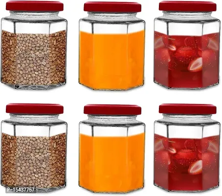 300 ml Glass Grocery Containernbsp;nbsp;(Pack of 6, Clear, Red)-thumb2
