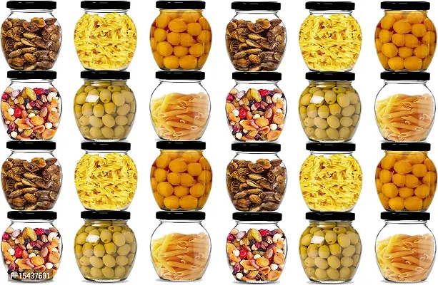 Glass Jar for Storage of Spices and Dry Fruit, Air Tight Black Metal Lid Set of 24 - 350 ml Glass Grocery Containernbsp;nbsp;(Pack of 24, Clear)