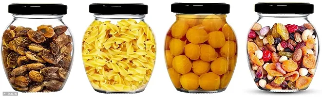 Matka Glass Jar for Storage of Spices and Dry Fruit, Air Tight Black Metal Lid Set of 4 - 350 ml Glass Grocery Containernbsp;nbsp;(Pack of 4, White)