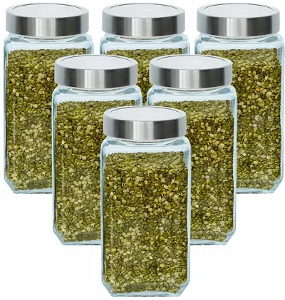 Femora Glass Cuboid Kitchen Storage Jar, 750ML, Set of 6
