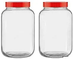 Cube Glass Jar With Plastic RED Lid for Kitchen Storage - 2000 ml ) -Pack of 2 - 2000 ml Glass Grocery Containernbsp;nbsp;(Pack of 2, Clear)-thumb1