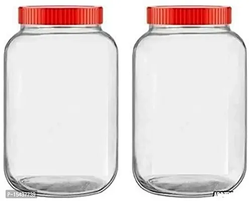 Cube Glass Jar With Plastic RED Lid for Kitchen Storage - 2000 ml ) -Pack of 2 - 2000 ml Glass Grocery Containernbsp;nbsp;(Pack of 2, Clear)-thumb2