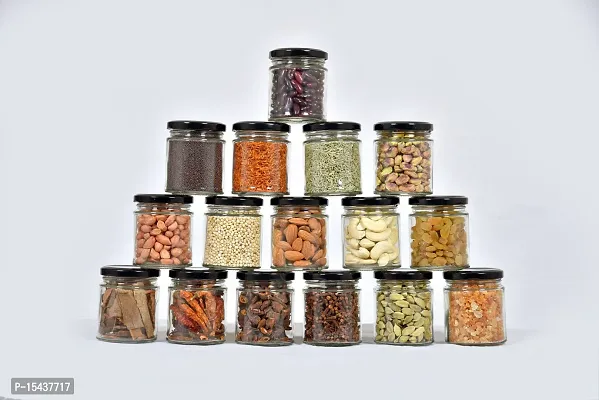 250 ml glass Grocery container jar set of-16(250 ml- 16 pcs) - 250 ml Glass Grocery Containernbsp;nbsp;(Pack of 16, Black)