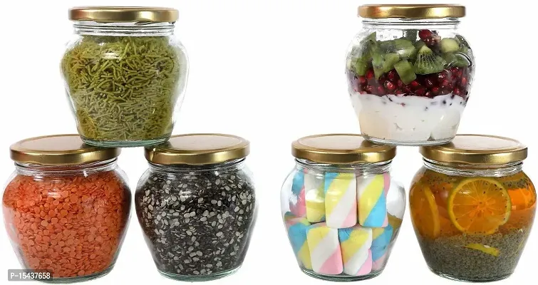 Glass Jar with Airtight Metal gold Lid, Cookie Jar,grocery container, cereal dispenser,Tea-Coffee  Sugar Glass Jar (pack of 6, 350ml) - 350 ml Glass Grocery Containernbsp;nbsp;(Pack of 6, Clear)