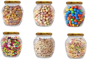 Glass Jar with Airtight Metal gold Lid, Cookie Jar,grocery container, cereal dispenser,Tea-Coffee  Sugar Glass Jar (pack of 6, 350ml) - 350 ml Glass Grocery Containernbsp;nbsp;(Pack of 6, Clear)-thumb2