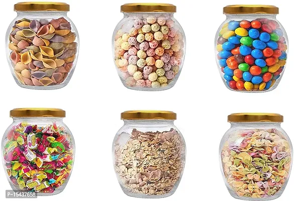 Glass Jar with Airtight Metal gold Lid, Cookie Jar,grocery container, cereal dispenser,Tea-Coffee  Sugar Glass Jar (pack of 6, 350ml) - 350 ml Glass Grocery Containernbsp;nbsp;(Pack of 6, Clear)-thumb3