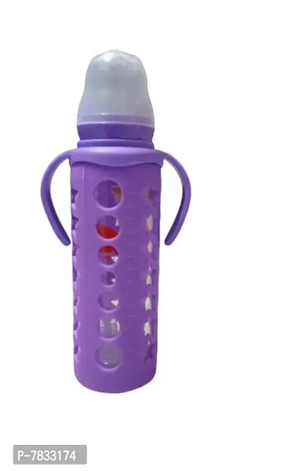 multicoloured 240 ml glass standard baby bottles with silicone covers.