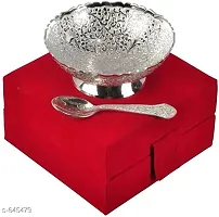 Decorative Brass Bowl With Spoon Solid Silver Plated Brass Festival-thumb3