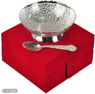 Decorative Brass Bowl With Spoon Solid Silver Plated Brass Festival-thumb4