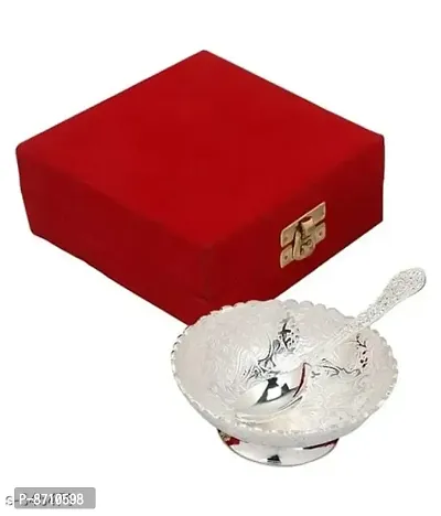 Decorative Brass Bowl With Spoon Solid Silver Plated Brass Festival-thumb2
