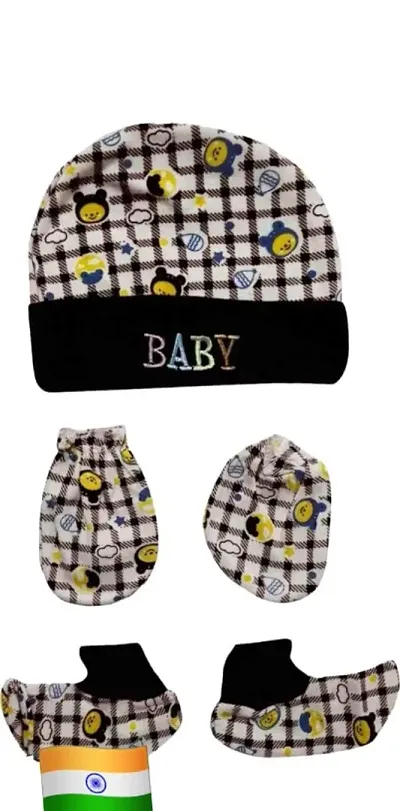 Baby Gift Set | 0-12 Months | Pack of 3 pices - Multicolor | Newborn Baby Cotton Cap, Mitten and Booties Combo Set | Infant Cap Set | Mittens Set | Bootie Set | Kids Gloves  Socks Set