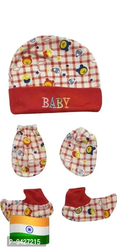 Baby Gift Set | 0-12 Months | Pack of 3 pices - Multicolor | Newborn Baby Cotton Cap, Mitten and Booties Combo Set | Infant Cap Set | Mittens Set | Bootie Set | Kids Gloves  Socks Set-thumb0