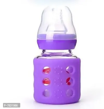 multicolored 60 ml glass standard baby bottles with silicone covers.