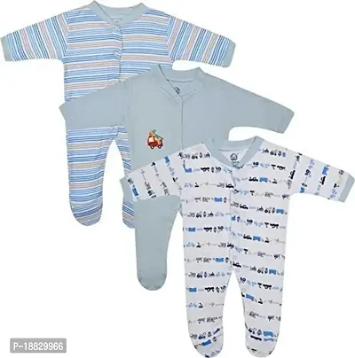 CABLE GALLERY Long Sleeve Cotton Sleep Suit Romper 100% Cotton Multi Color Romper/Bodysuit/Onesies for Baby Boy  Baby Girl - Set of 3 (12 TO 18, LIGHT BLUE)