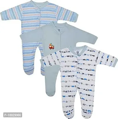 CABLE GALLERY Long Sleeve Cotton Sleep Suit Romper 100% Cotton Multi Color Romper/Bodysuit/Onesies for Baby Boy  Baby Girl - Set of 3 (12 TO 18, LIGHT BLUE)-thumb0