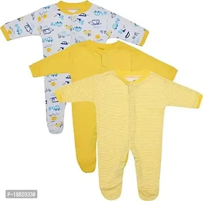 CABLE GALLERY Long Sleeve Cotton Sleep Suit Romper 100% Cotton Multi Color Romper/Bodysuit/Onesies for Baby Boy  Baby Girl - Set of 3 (12 TO 18, YELLOW)-thumb0