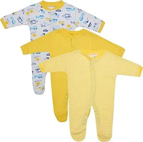 CABLE GALLERY Long Sleeve Cotton Sleep Suit Romper 100% Cotton Multi Color Romper/Bodysuit/Onesies for Baby Boy & Baby Girl - Set of 3