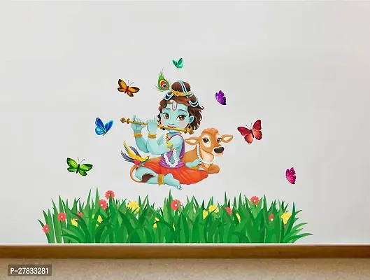 Lord Krishna Flute Singing With Cow And Butterfly Grass Decorative  Extra Large Size Wall Sticker-thumb0