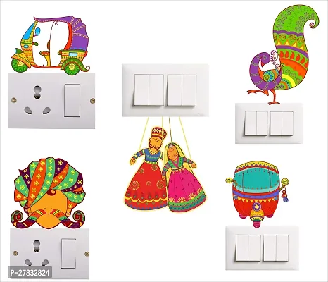 Pvc Vinyl Multicolor Decals Decorative Small Switch Penal/Board Decor Wall Sticker Ofaotu Rikshaw Men With Pagdi Hagging Dolls Katputli Peacock Multi Color-thumb0