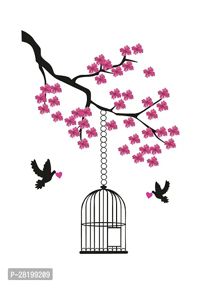 Tree With Colorful Leaves Flower Birds Cage Pvc Vinyl Multicolor Decorative Wall Sticker For Home Decoration 101.6Cm X71.12Cm-thumb0