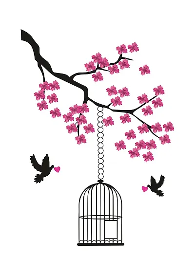 Advait Designs - Tree with Colorful Leaves Flower Birds cage PVC Vinyl Multicolor Decorative Wall Sticker for Home Decoration ( 101.6Cm X71.12Cm )