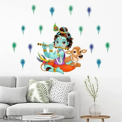 Lord Krishna Flute Singing With Cow And Peacock Petal Decorative Wall Sticker-thumb0