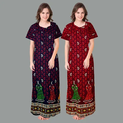 Stylish Cotton Jaipuri Print Nighty/Nightdress For Women Pack Of 2