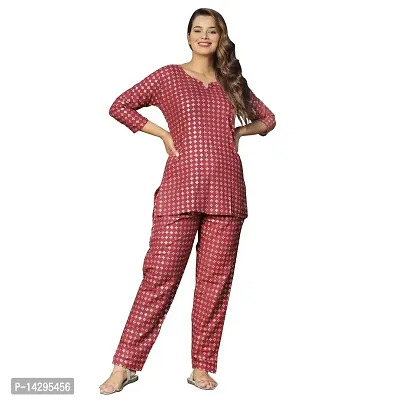 Nandini Women's 100% Cotton Printed Sleepwear Night Suit Set Top  Pyjama for Women (Size - M to XX-Large) Orange-thumb0