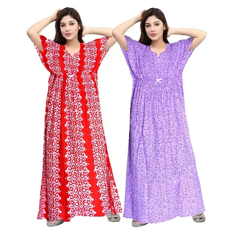 Lorina Women's Fashion Cotton Printed Full Length Maxi Night Gown Maternity Wear Kaftan Maxi Nighty (Combo Pack of 2)