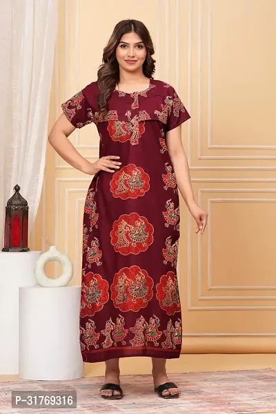 Elegant Maroon Cotton Printed Maternity Nighty For Women-thumb0