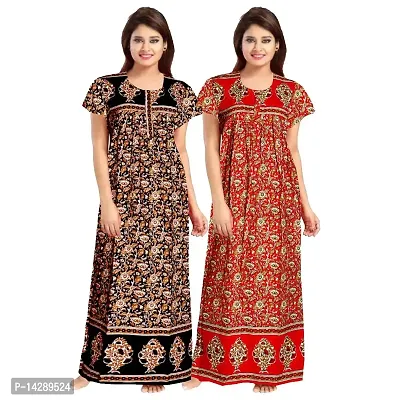 Nandini Women Floral Print Nighty Free Size with Front Zip Regular Cotton Night Gown Night Dress Nighty Combo Maxi (Pack of 2)