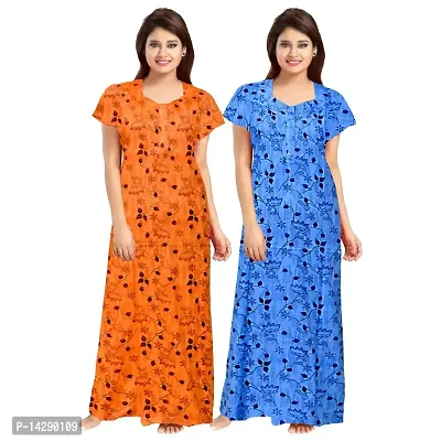 Lorina Women's Nighties Women Upto XXL Size 100% Soft Pure Cotton Nightwear Nighty. (Multicoloured, Free Size) -Combo Pack of 2 Green,Orange
