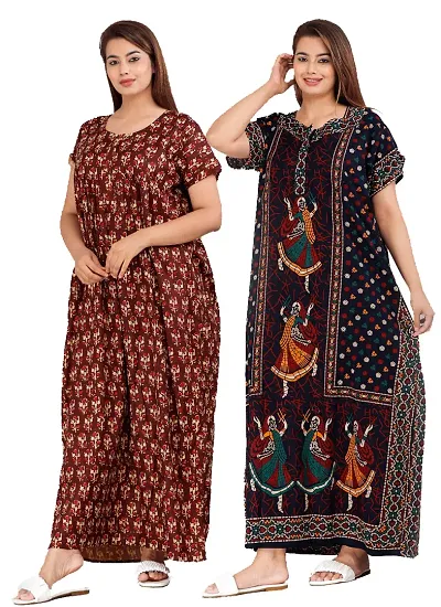 Pack Of 2 Women Fashionable Cotton Printed Front Zipper Half Sleeve Maxi/Nighty/Gown