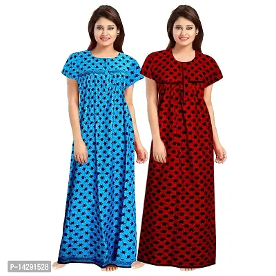 Mudrika Women's Soft Cotton Sleepwear Nighty Gown (Multicolour, Free Size) -Combo Pack of 2pcs