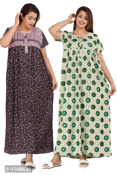 Elegant Multicoloured Cotton Printed Nighty For Women Combo Pack Of 2