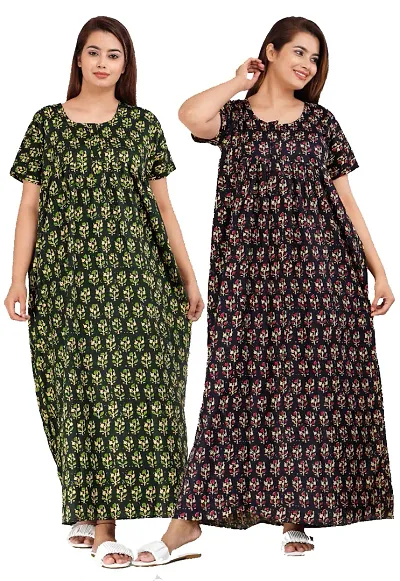 Cotton Collection Women's Wear Pure Cotton Printed Nightgown Cotton Maternity Wear Kaftan Maxi Long Nighty (Combo Pack of 2 Pieces)