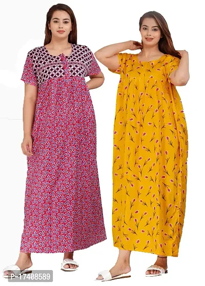 Elegant Multicoloured Cotton Printed Nighty For Women Combo Pack Of 2