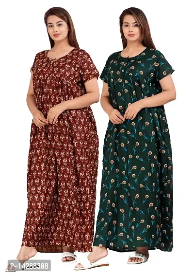 JVSP Women's 100% Soft Pure Cotton Printed Nightwear Maternity Wear Kaftan Nighty. (Multicoloured, Free Size) -(Pack of 2)
