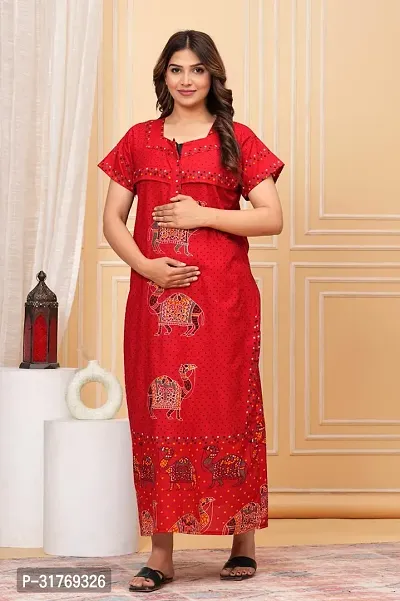 Elegant Red Cotton Printed Maternity Nighty For Women