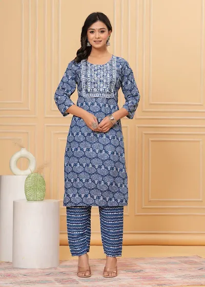 Stylish Cotton Printed Straight Kurtis With Bottom Set