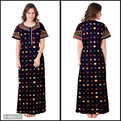 Elegant Blue Cotton Blend Printed Nightdress For Women-thumb0