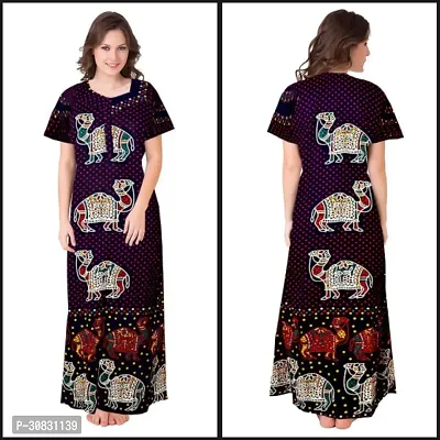 Elegant Blue Cotton Blend Printed Nightdress For Women-thumb0