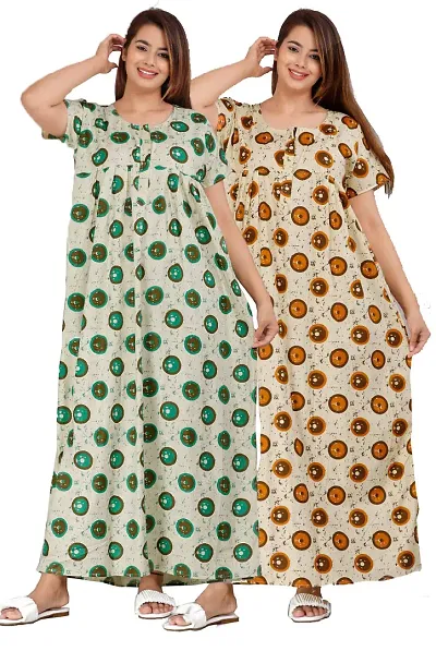 Cotton Collection Women's Attractive Cotton Printed Full Length Maxi Sleepwear Maternity Wear Kaftan Maxi Nightdress (Pack of 2)