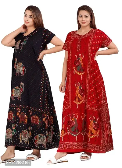 JVSP Women's 100% Soft Pure Cotton Printed Nightwear Maternity Wear Kaftan Nighty. (Multicoloured, Free Size) -(Pack of 2)