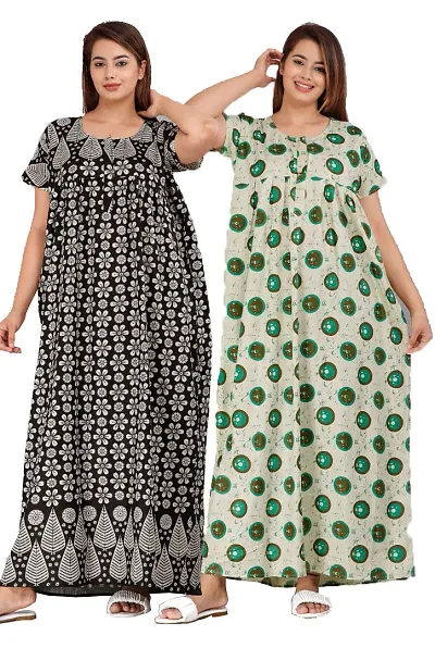 Pack Of 2 Women Fashionable Cotton Printed Front Zipper Half Sleeve Maxi/Nighty/Gown